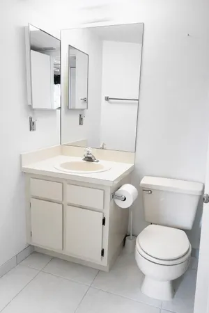 a bathroom with a toilet sink and mirror