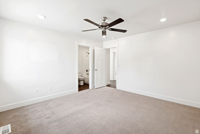 1615 North Angel Street West Layton, UT 84041 - Photo 9 of 22 Unfurnished bedroom with ceiling fan, carpet floors, connected bathroom, and recessed lighting