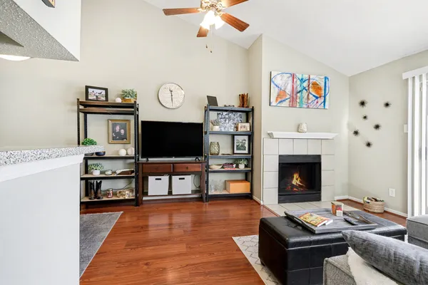 a living room with furniture a flat screen tv and a fireplace