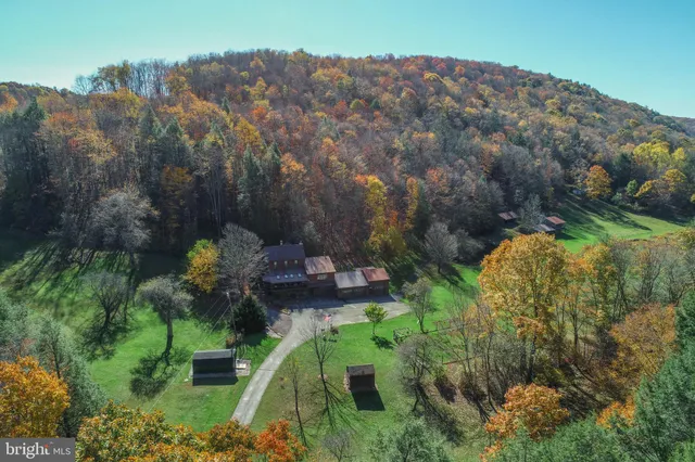 an aerial view of a house with a yard and large trees