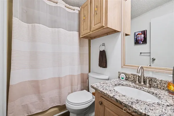 a bathroom with a granite countertop sink a toilet and a mirror