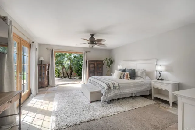 a spacious bedroom with a bed and a large window
