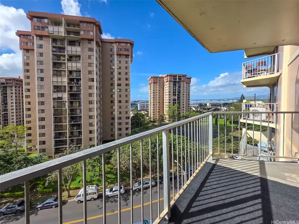 a view of a building from a balcony