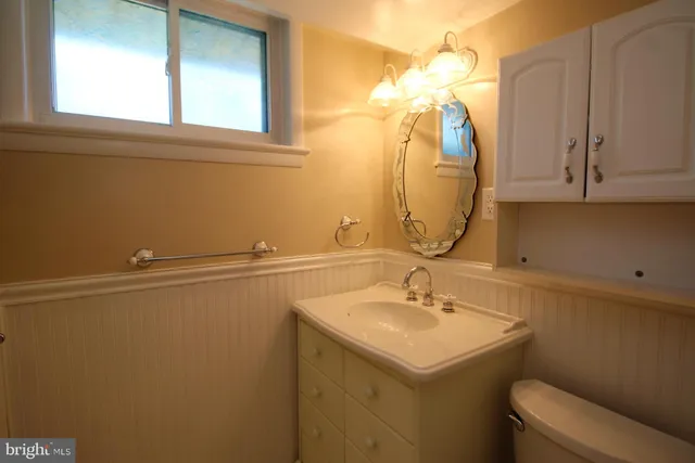 a bathroom with a sink vanity and a mirror