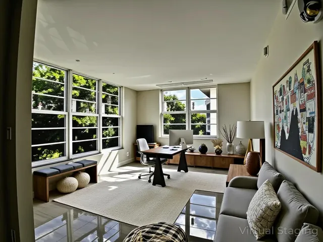 a living room with furniture large window and flat screen tv