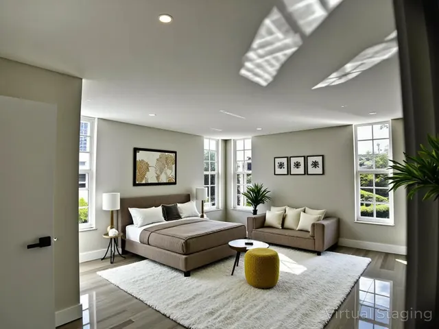 a bedroom with furniture and a chandelier