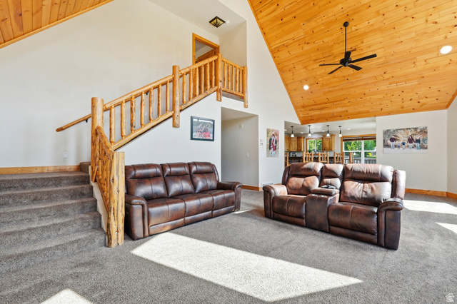 306 Spring Road Preston, ID 83263 - Photo 7 of 55 Vaulted wood-paneled ceiling with recessed lighting and a ceiling fan