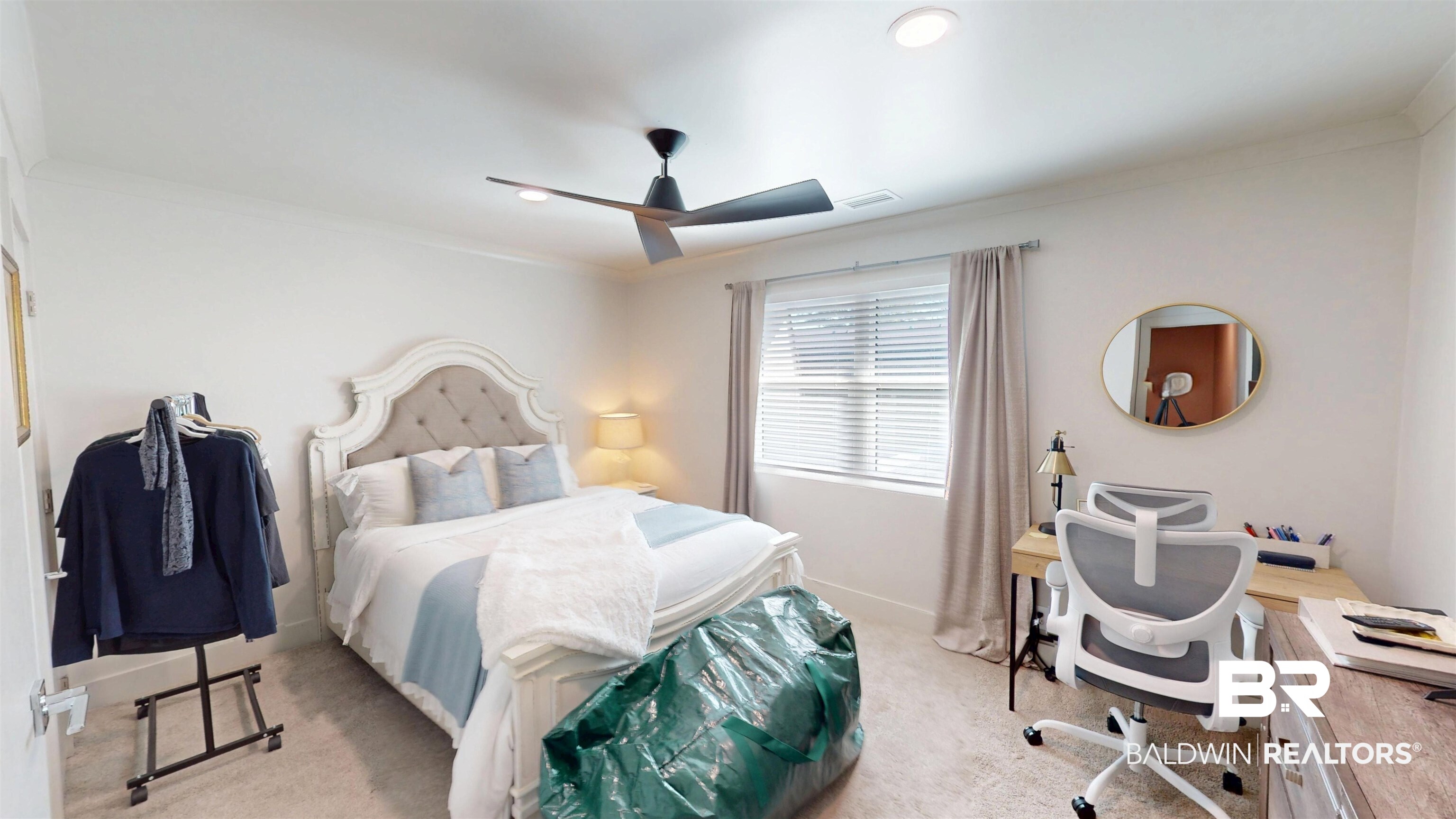 3655 Old Shell Road, Unit 211 Mobile, AL 36608 - Photo 9 of 17 Bedroom featuring an office area, ceiling fan, light colored carpet, ornamental molding, and recessed lighting