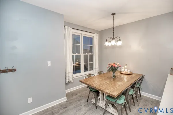 a view of a dining room with furniture and wooden floor
