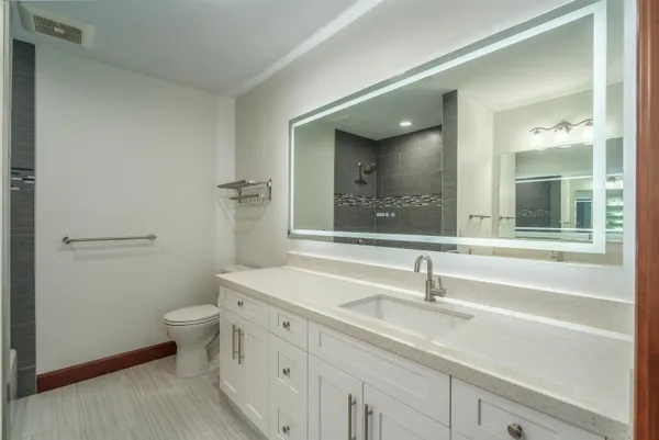 a bathroom with a sink and a large mirror
