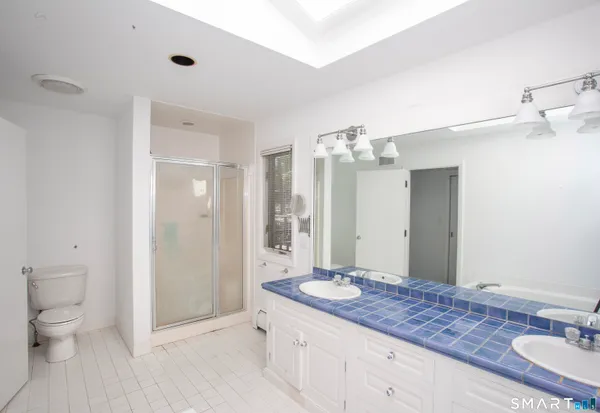 a bathroom with a granite countertop sink a toilet and shower