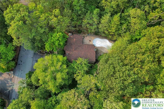 an aerial view of a house with a yard and large trees