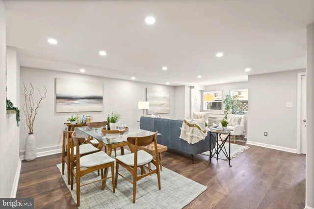 a view of a dining room with furniture