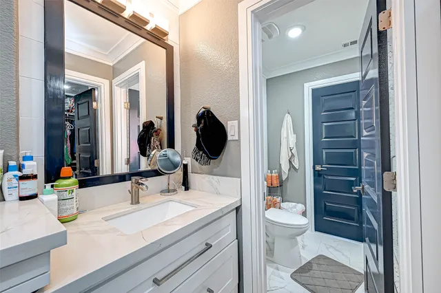 a bathroom with a sink a toilet and shower