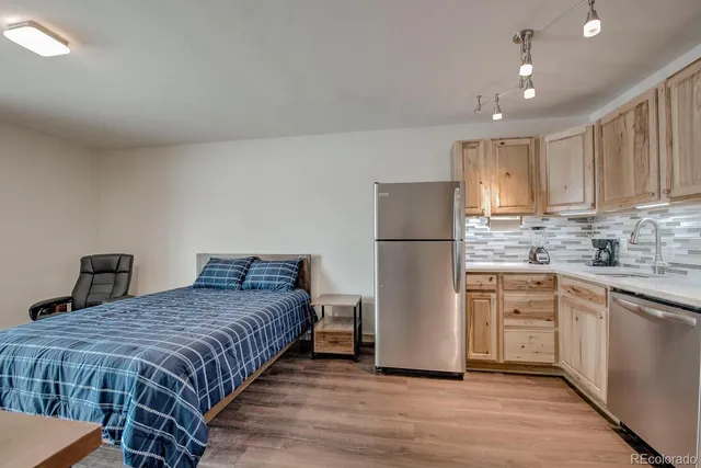 a spacious bedroom with a bed and a refrigerator