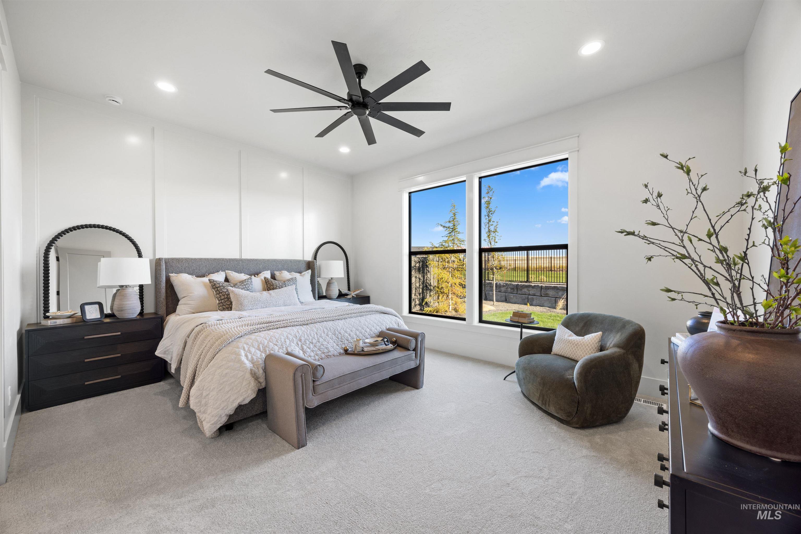 5847 South Pinpoint Way Meridian, ID 83642 - Photo 26 of 44 Bedroom with light carpet, a ceiling fan, and recessed lighting