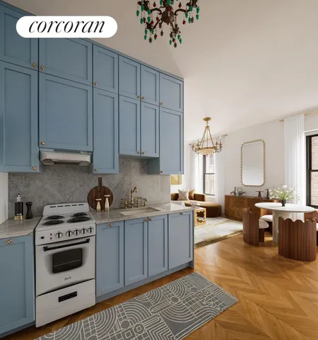 a kitchen with a stove a sink and cabinets