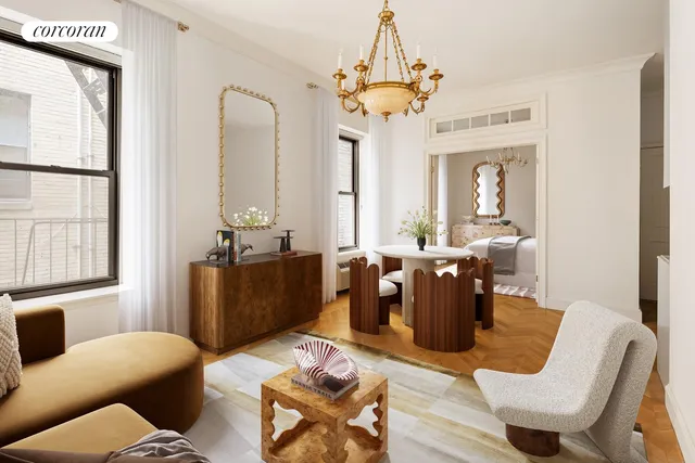 a living room with furniture or outdoor and a chandelier