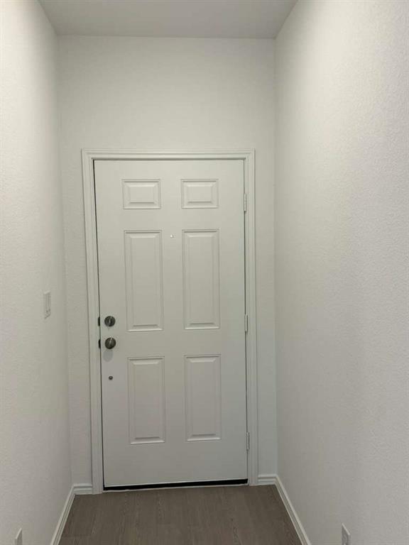 545 Sormonne Loop Kyle, TX 78640 - Photo 11 of 39 Doorway to outside with wood finished floors and baseboards