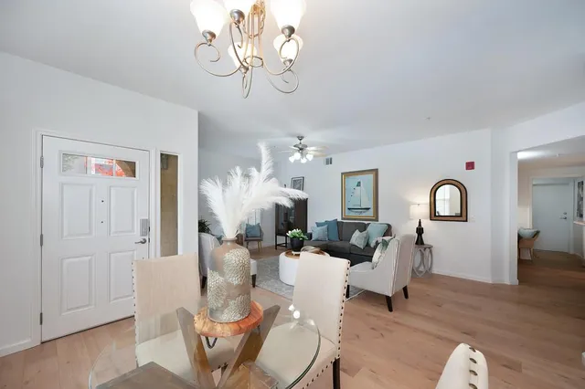 a living room with furniture flowerpot and wooden floor