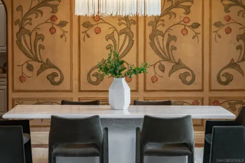 a view of a dining room with furniture