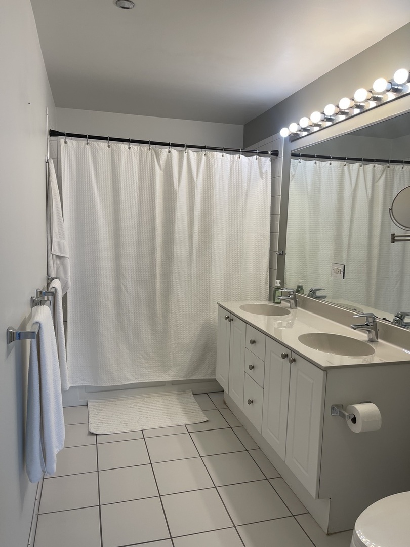 1720 South Michigan Avenue, Unit 2708 Chicago, IL 60616 - Photo 14 of 18 a bathroom with a double vanity sink and mirror