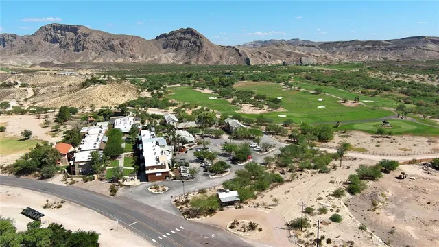 an aerial view of residential houses with outdoor space and trees