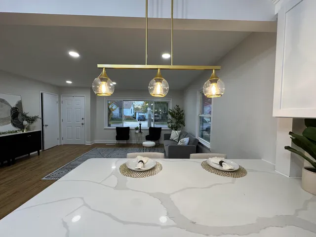 a view of a dining room and furniture