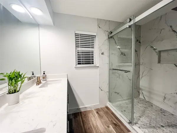 a bathroom with a shower and a sink