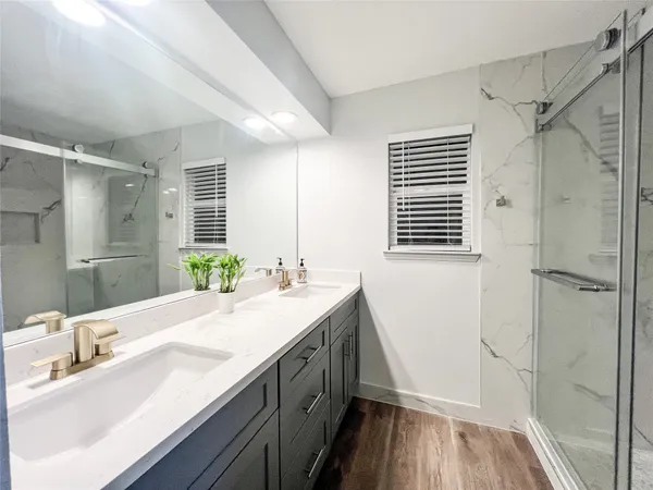a bathroom with a sink a mirror and a shower