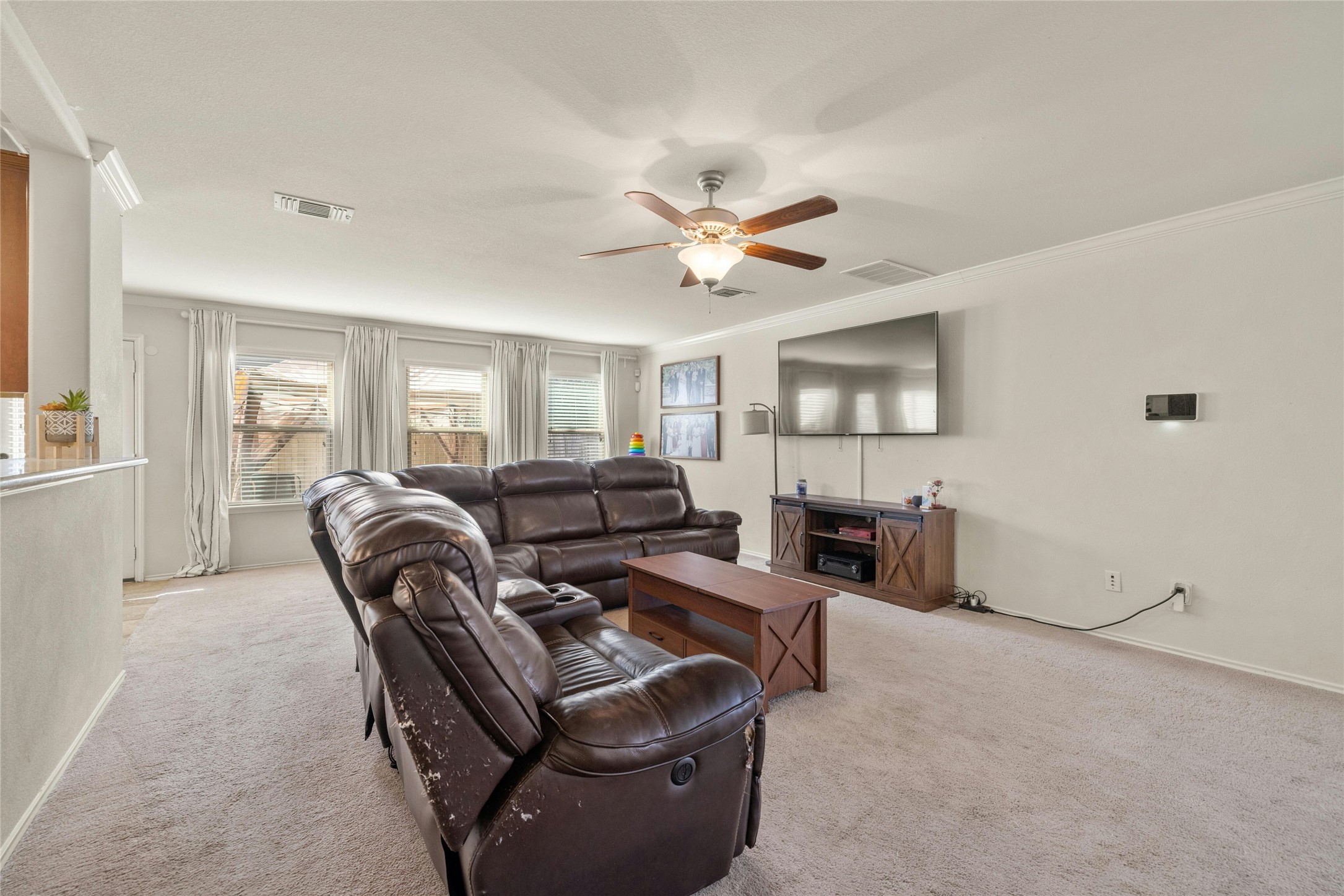 104 Bufflehead Lane Leander, TX 78641 - Photo 5 of 34 Living area with light colored carpet, ornamental molding, and ceiling fan