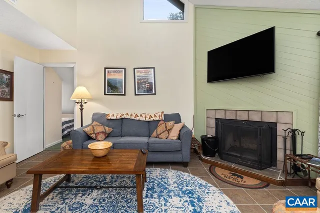 a living room with furniture a flat screen tv and a fireplace