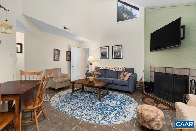 a living room with furniture a flat screen tv and a fireplace