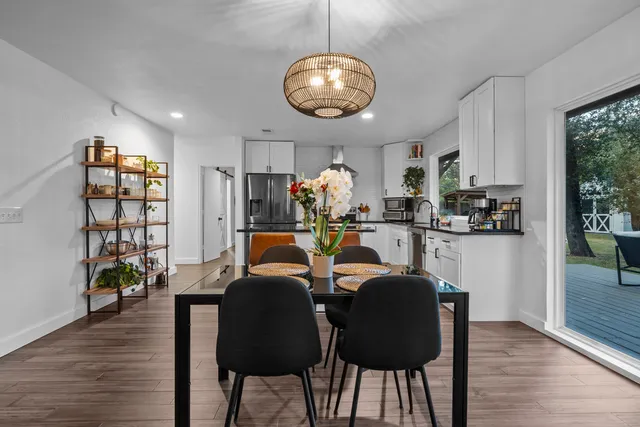 a view of a dining room with furniture and wooden floor