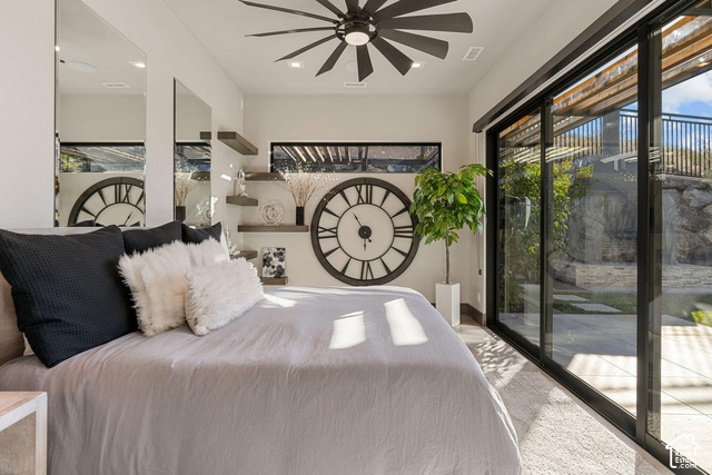 3652 South Cypress Road Hurricane, UT 84737 - Photo 51 of 81 Expansive sliding glass doors, contemporary ceiling fan, mirrored wall panels, built-in floating shelves, and recessed ceiling lighting