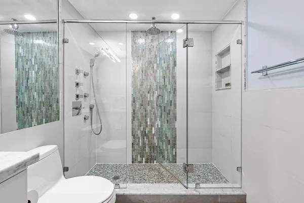 a bathroom with a shower and a toilet