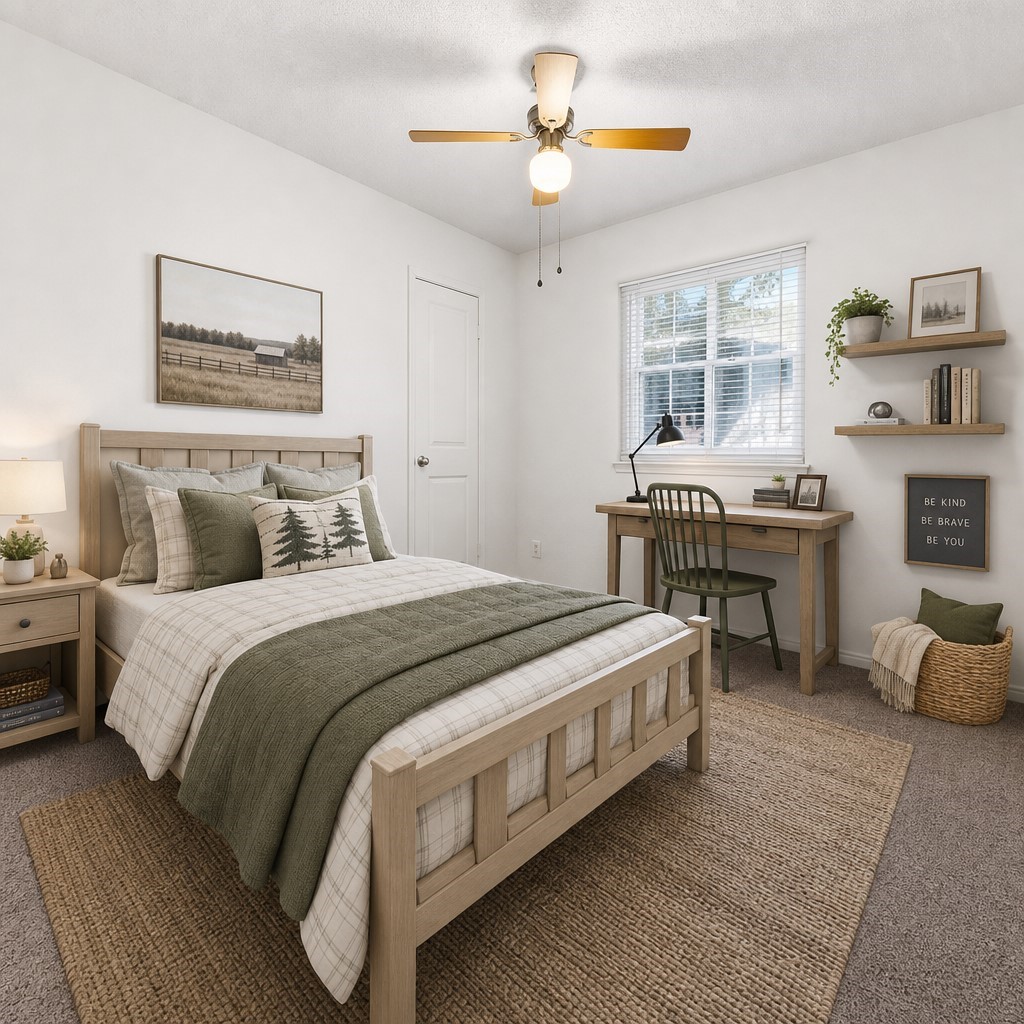 21514 Slippery Creek Lane Spring, TX 77388 - Photo 11 of 17 Staged in a warm country-modern style, this extra bedroom feels bright, inviting, and versatile—perfect for guests or a cozy personal retreat.