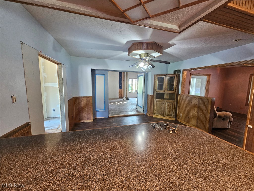 1325 Ohltown McDonald Road Mineral Ridge, OH 44440 - Photo 14 of 33 from Kitchen featuring a textured ceiling, ceiling fan, and hardwood / wood-style flooring