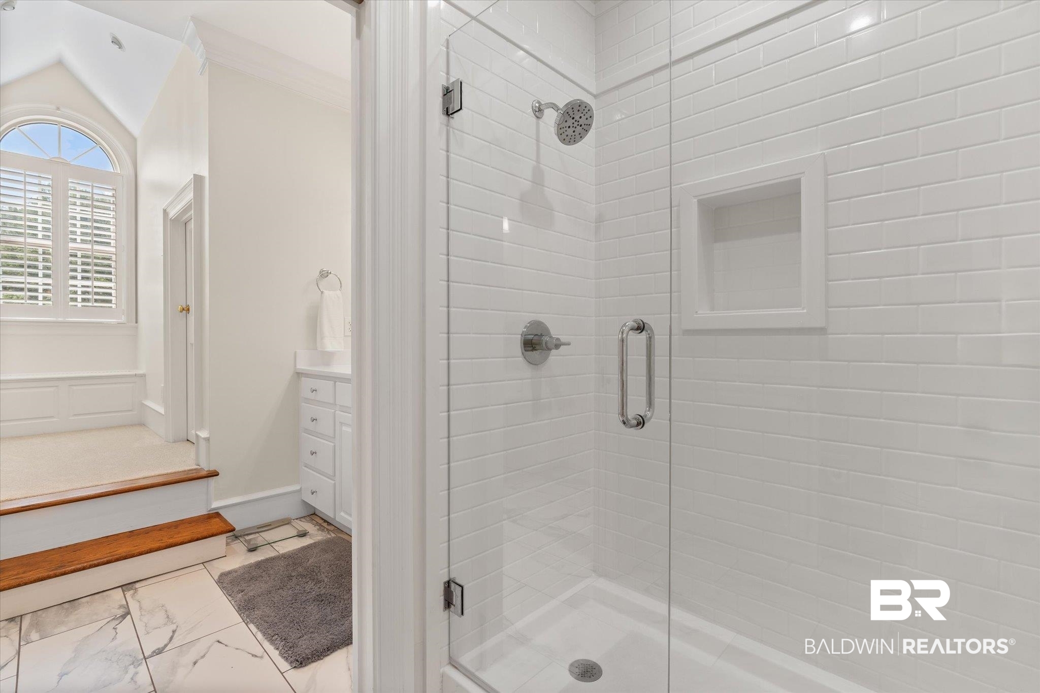 8561 Dawes Lake Road Mobile, AL 36619 - Photo 30 of 63 Full bath featuring a stall shower, marble look tiles, and vanity