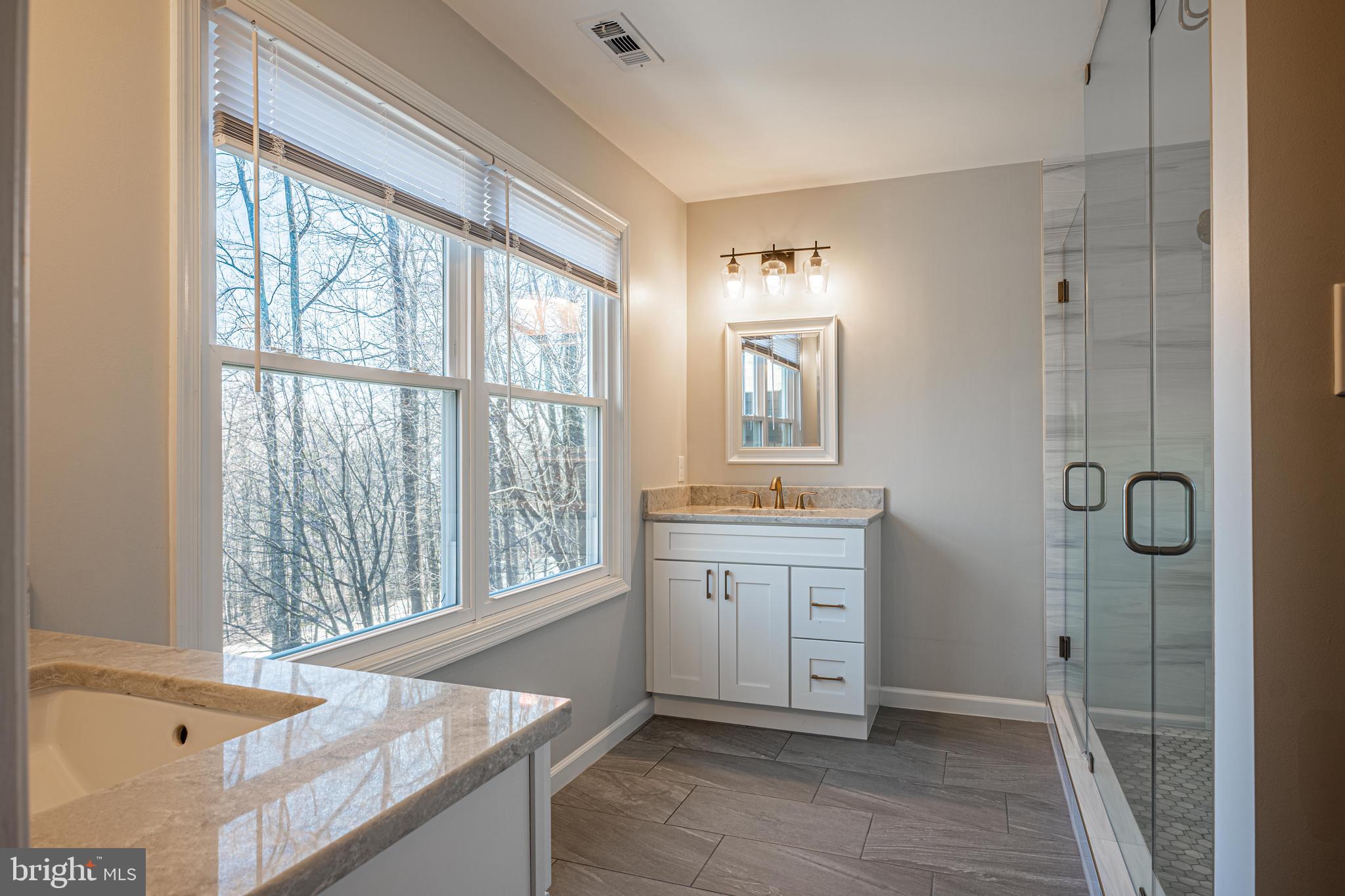 9833 Fox Road Frederick, MD 21702 - Photo 19 of 48 a spacious bathroom with a granite countertop sink a mirror and a shower