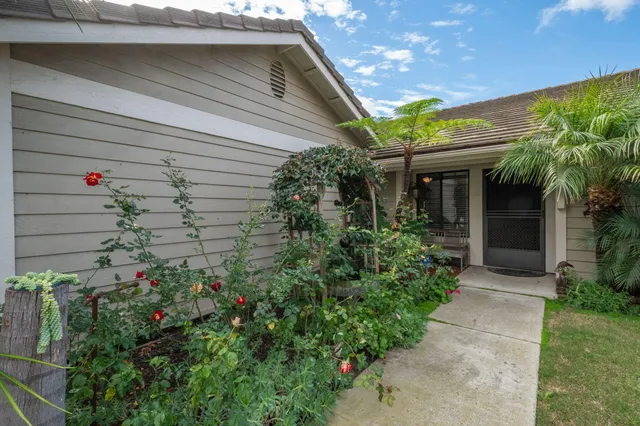 a view of a white house with a small yard and plants