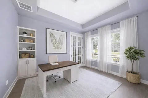 a living room with furniture and a potted plant