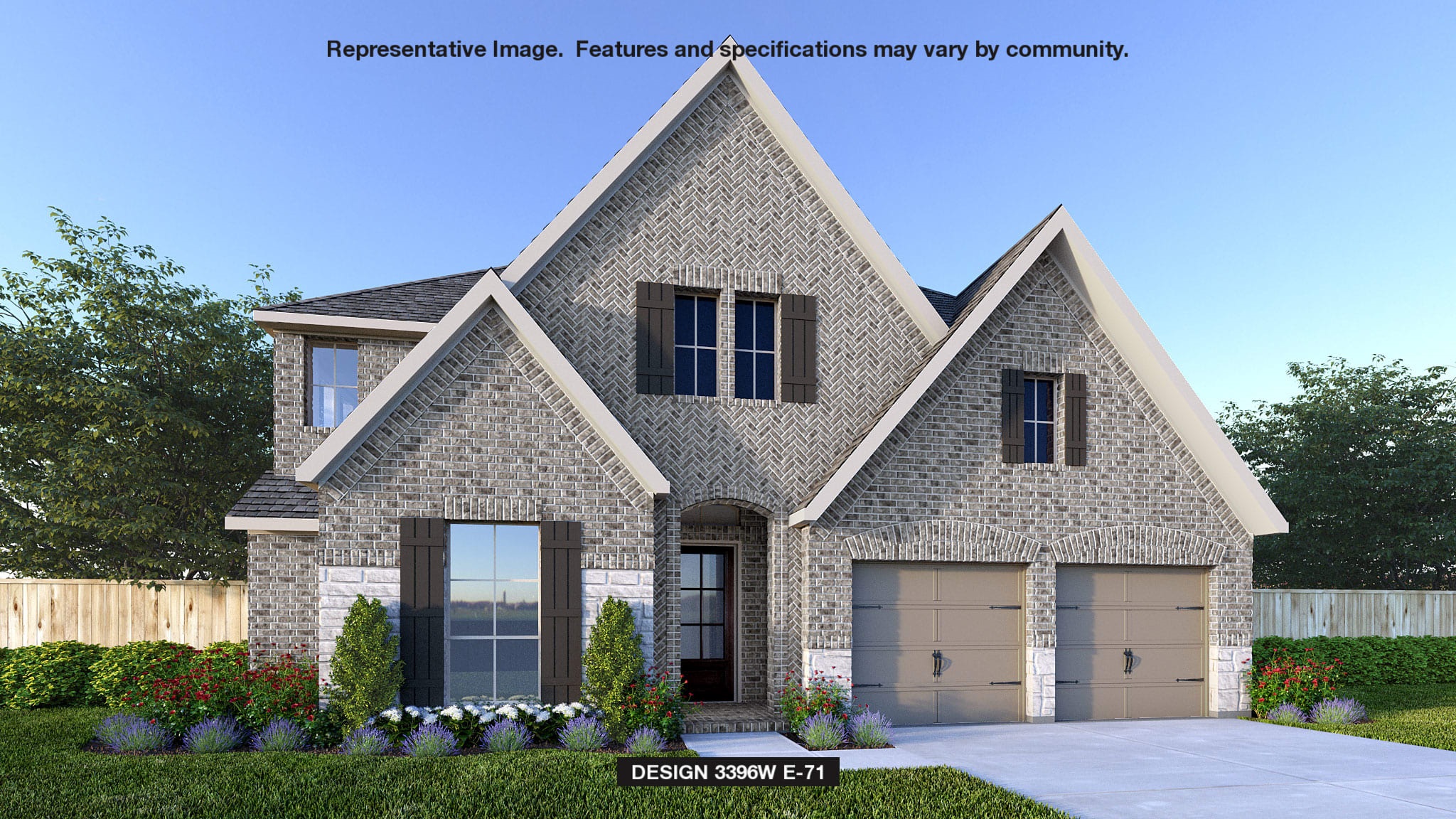 French country inspired facade featuring fence, brick siding, driveway, and a shingled roof