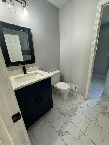 a bathroom with a sink vanity and a toilet