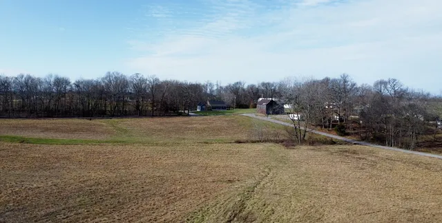 a view of a field with trees in background