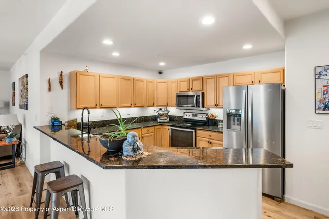 a kitchen with stainless steel appliances granite countertop a sink refrigerator and cabinets