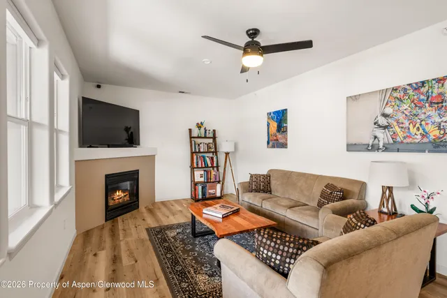 a living room with furniture and a fireplace