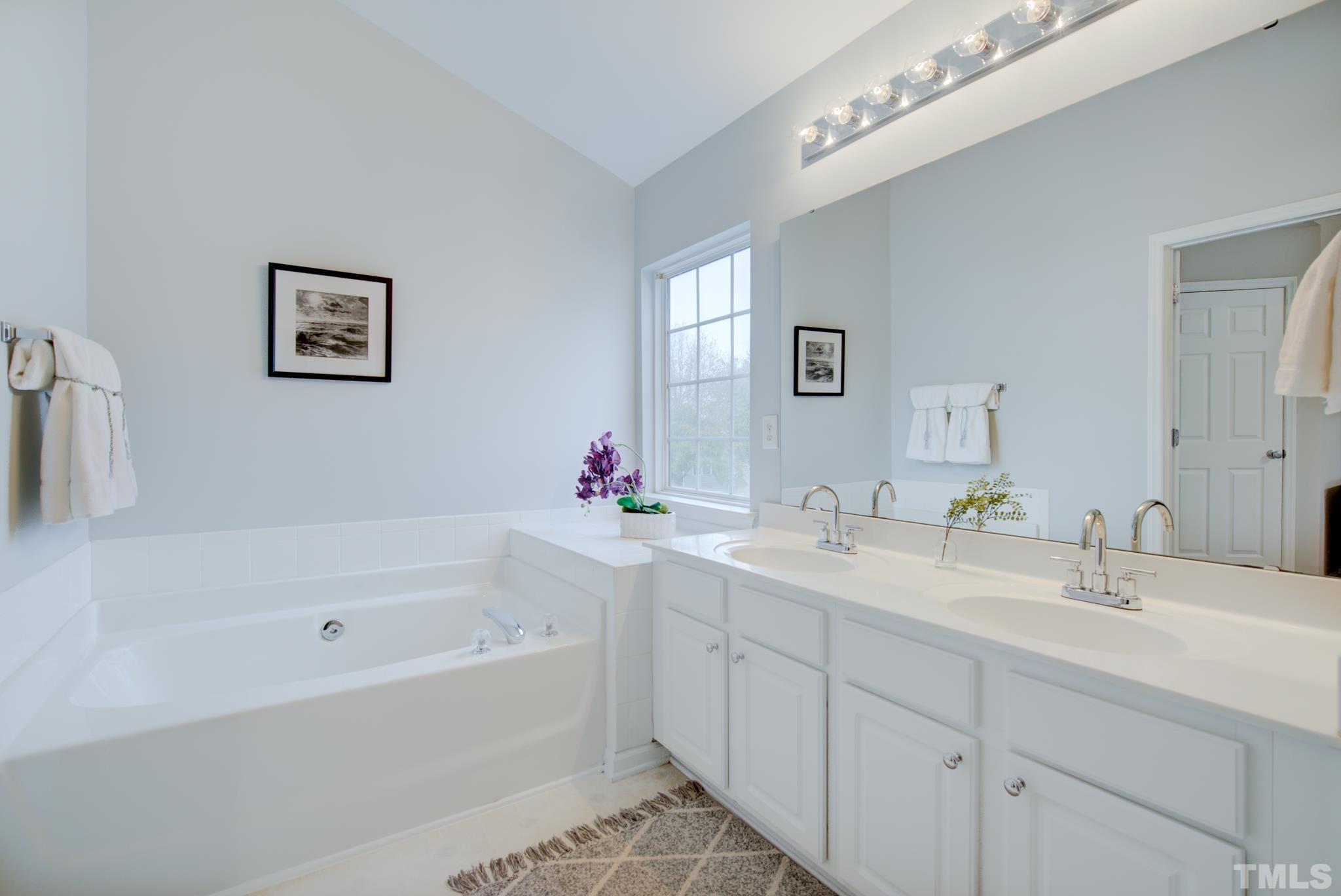 8206 Shadow Stone Court Raleigh, NC 27613 - Photo 32 of 52 a bathroom with a tub a sink and mirror