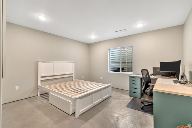 3232 West 1670th Street North Provo, UT 84601 - Photo 26 of 33 Bedroom with an office area, concrete floors, and recessed lighting