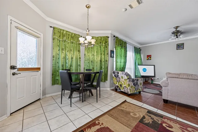 a view of a dining room with furniture window and outside view